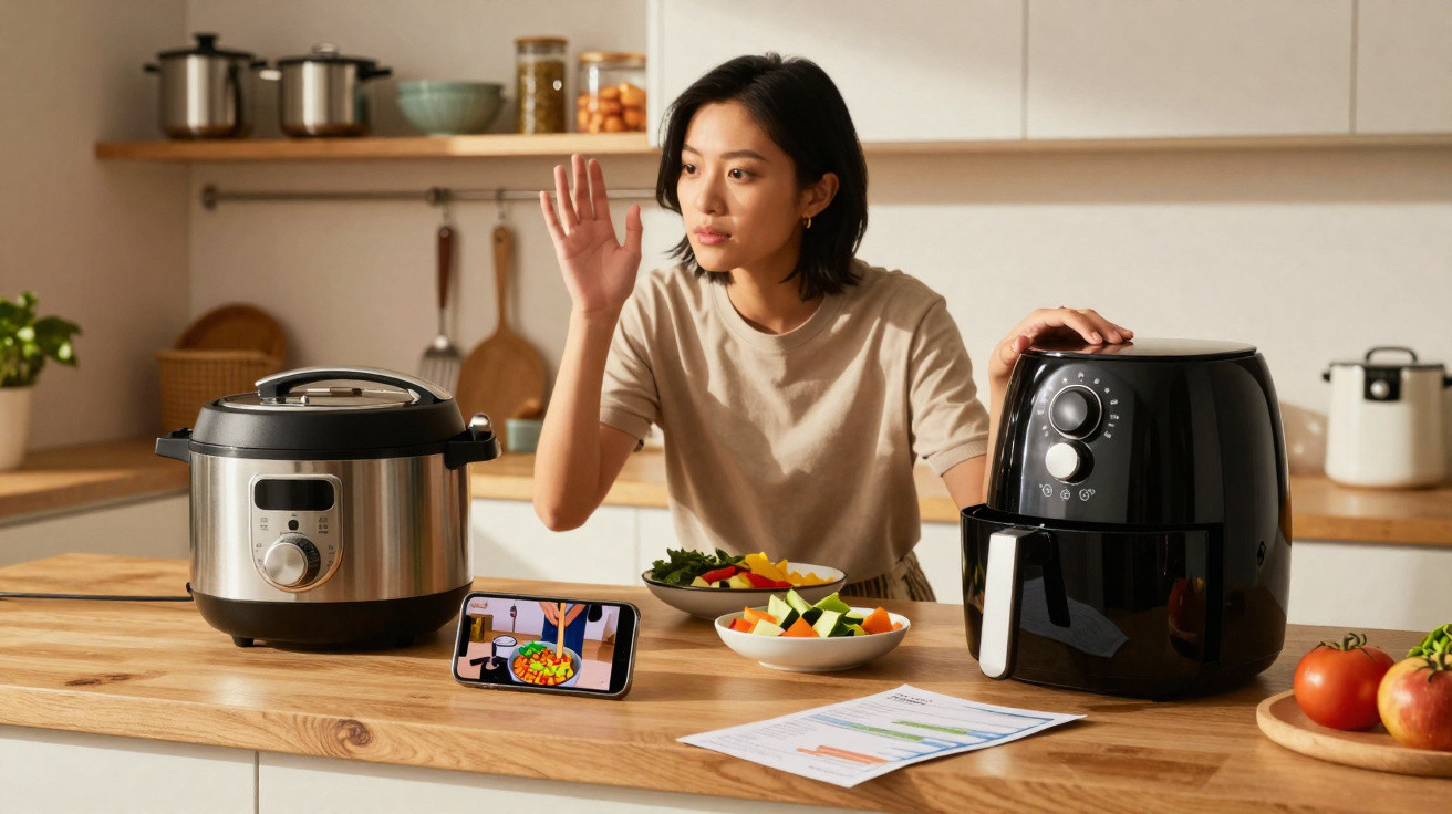 Mulher na cozinha a usar panela elétrica e fritadeira sem óleo enquanto acompanha receita no telemóvel.