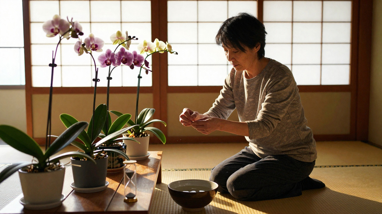 Pessoa a cuidar de orquídeas num ambiente tradicional japonês com chão de tatami e luz natural suave.