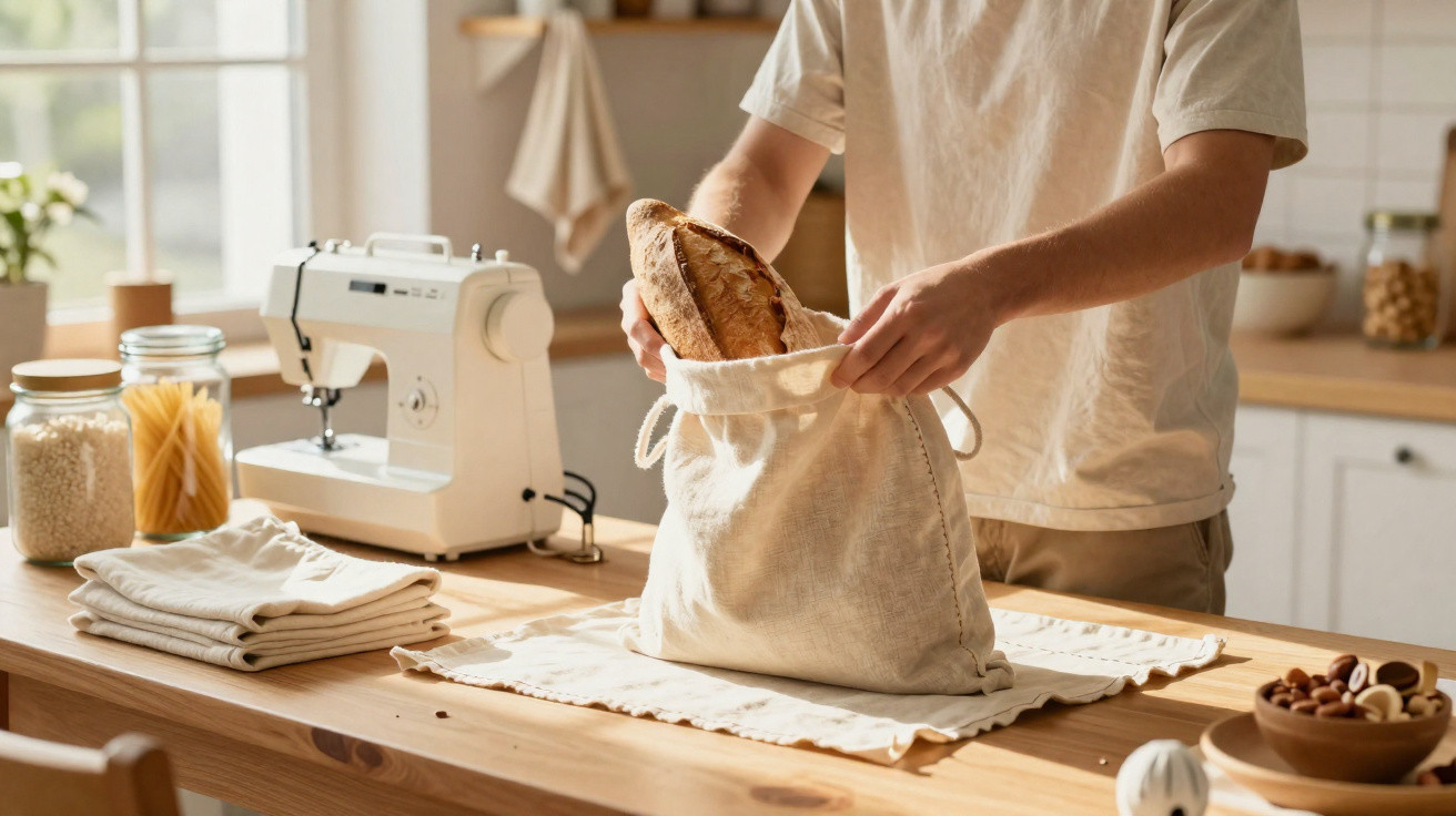 Pessoa a colocar pão em saco reutilizável numa cozinha iluminada com máquina de costura ao fundo.