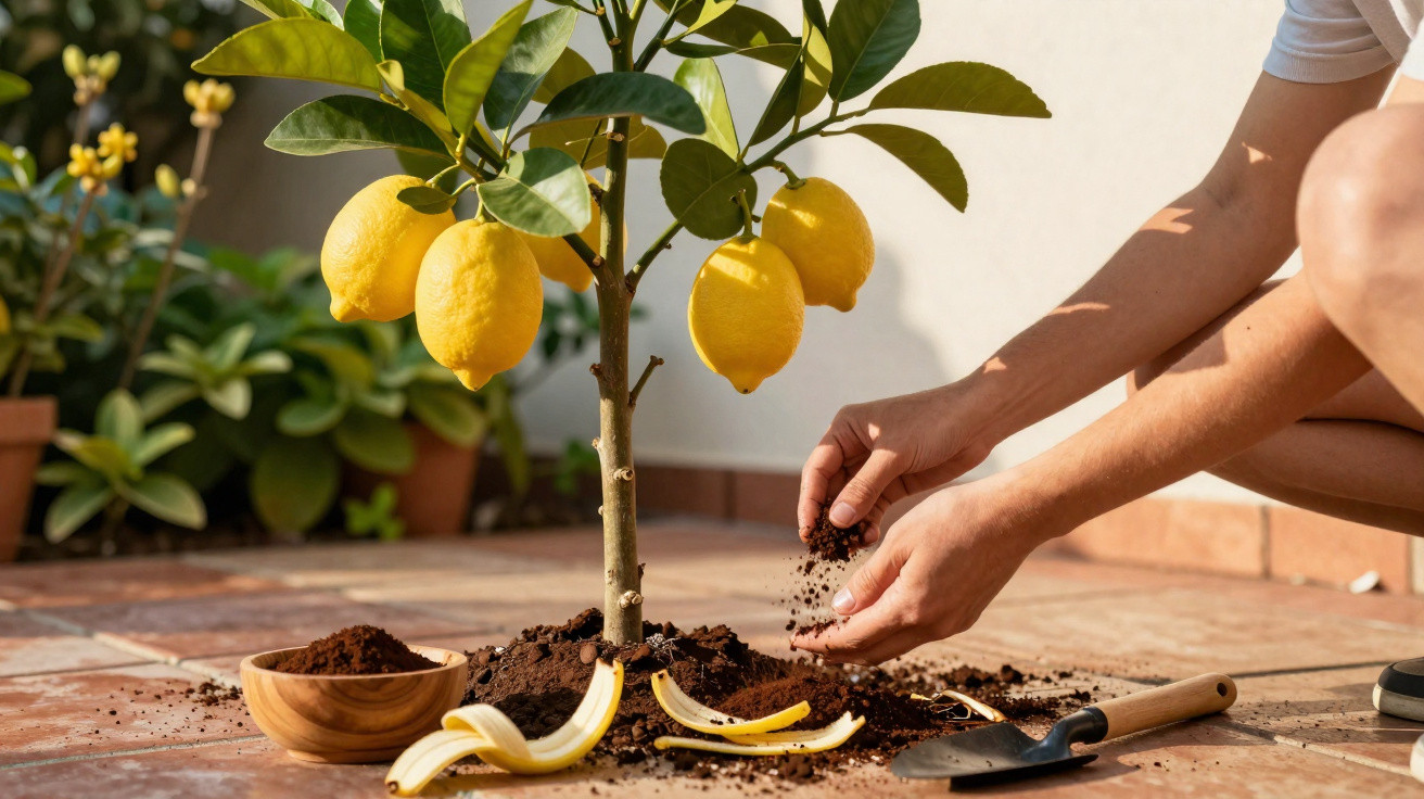 Mãos a adicionar terra a um limoeiro com frutos amarelos num terraço com ferramentas de jardinagem.