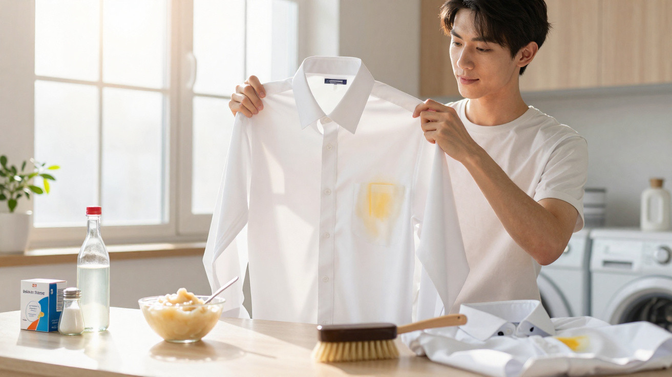 Homem a mostrar camisa branca com nódoa amarela na cozinha iluminada pela janela.