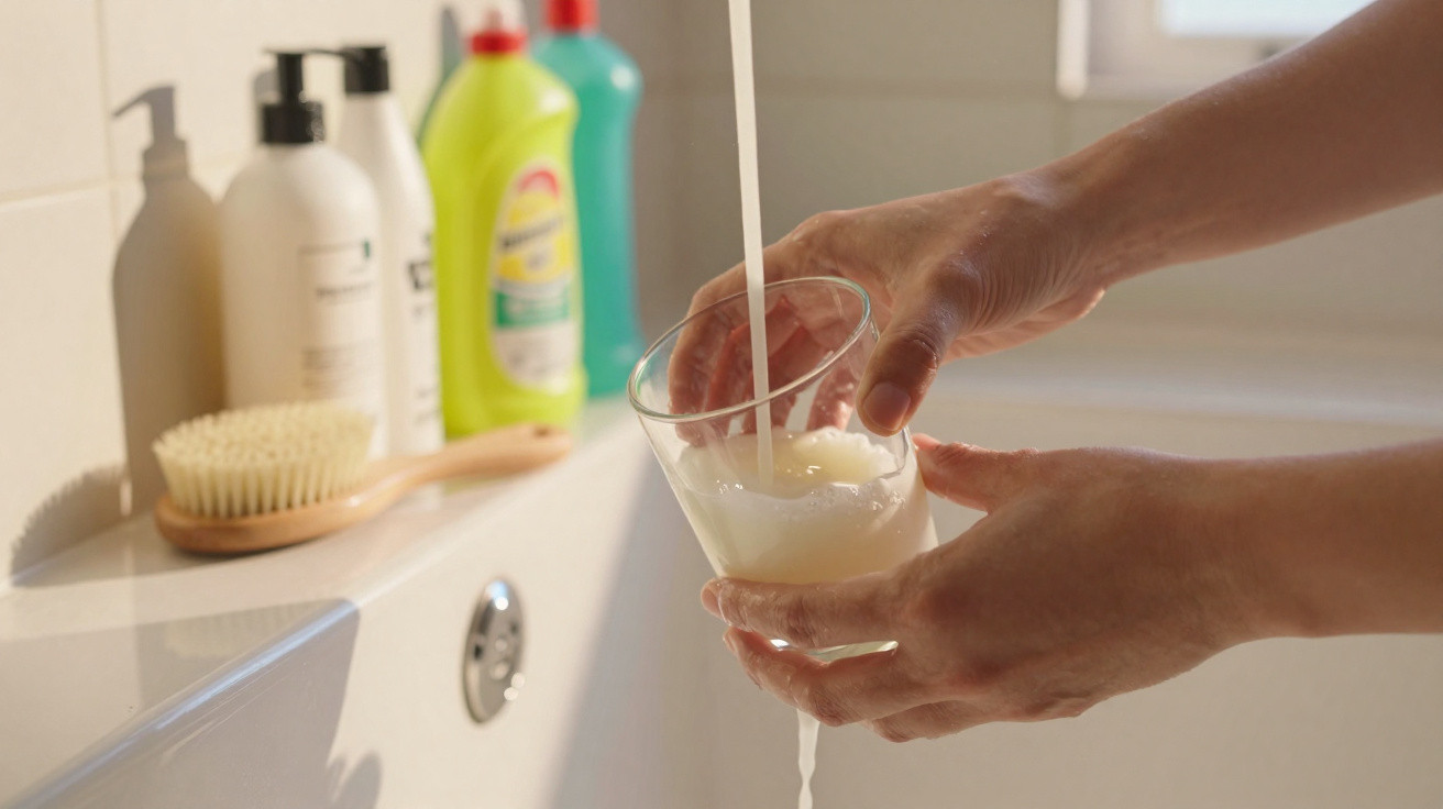 Mãos seguram copo de vidro enquanto líquido branco é despejado, com produtos e escova ao fundo na banheira.