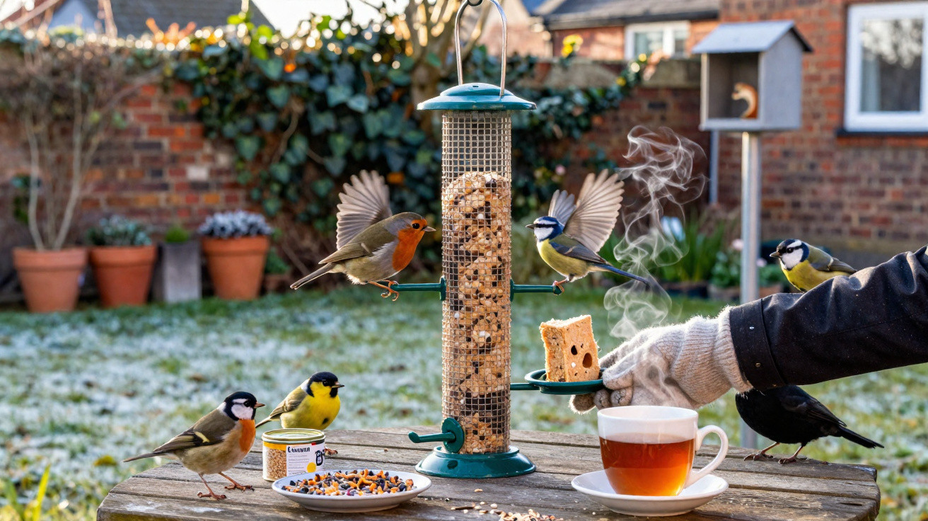 Pássaros a alimentarem-se numa mesa de jardim com um alimentador e chá quente numa manhã fria.