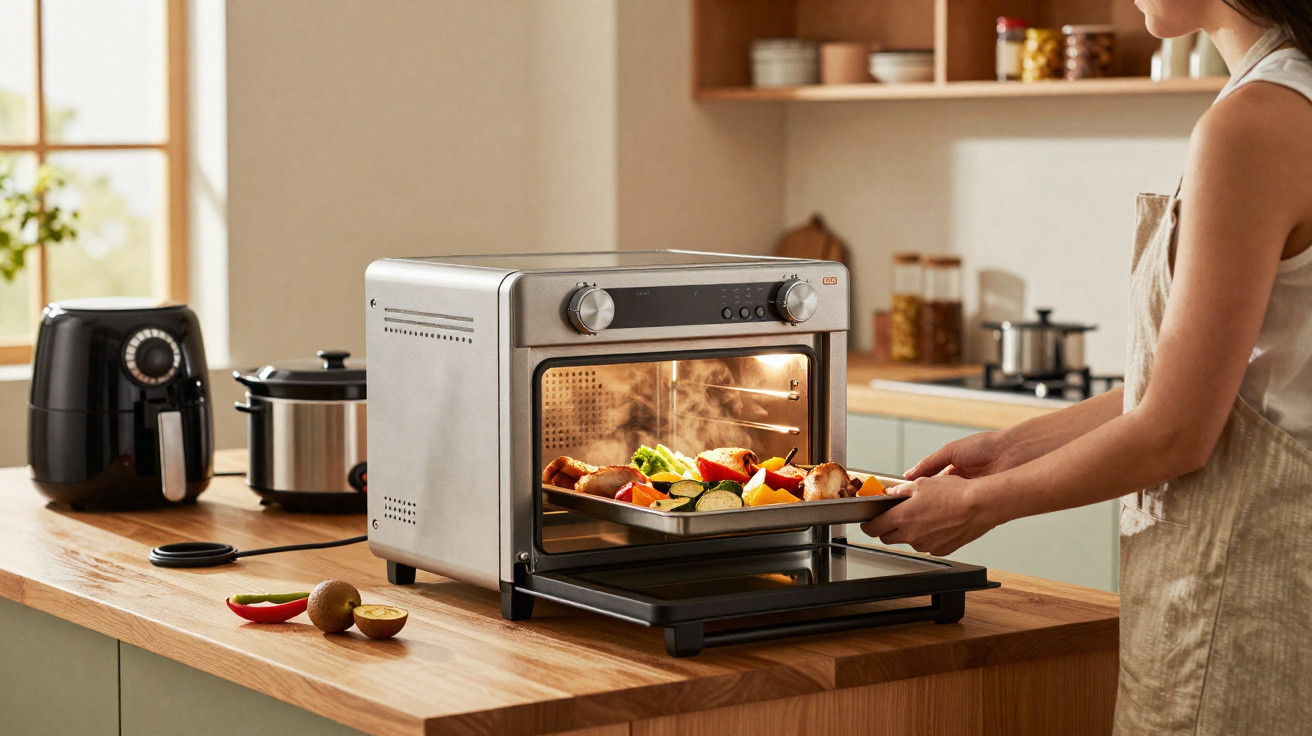 Pessoa a retirar tabuleiro com legumes assados de forno elétrico numa cozinha moderna.