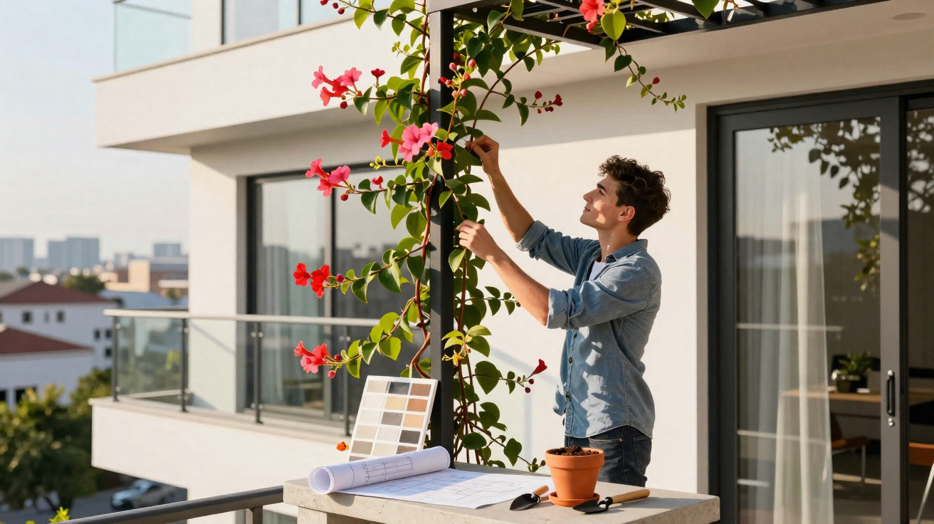 Homem a cuidar de planta florida num terraço com plantas e plantas em fundo urbano.