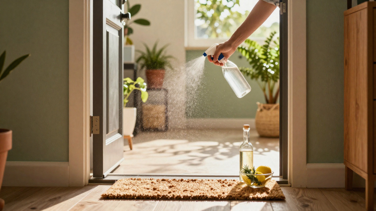Pessoa a pulverizar aromatizador num tapete à entrada de uma divisão com luz natural e plantas.