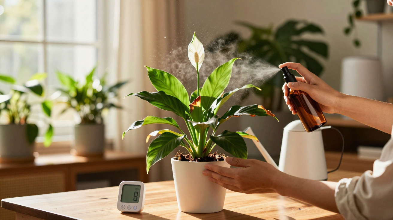 Pessoa a pulverizar água numa planta de interior numa sala bem iluminada com janelas.