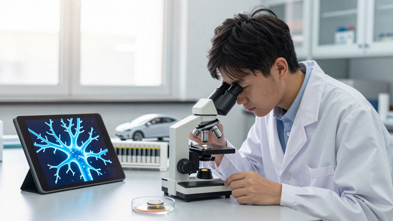 Jovem cientista com bata branca observa amostra ao microscópio em laboratório com imagem de neurónio num tablet.