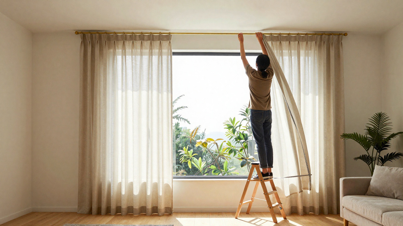Pessoa em escada a abrir cortinas claras numa sala luminosa com planta e sofá bege.