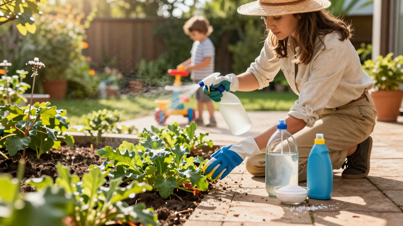 Mulher a pulverizar plantas numa horta urbana, com criança a brincar ao fundo num jardim ensolarado.