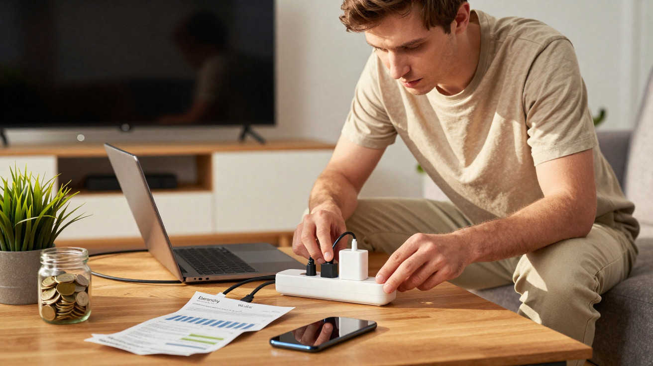 Homem sentado a ligar vários dispositivos a uma extensão elétrica numa mesa com laptop, telemóvel e documentos.