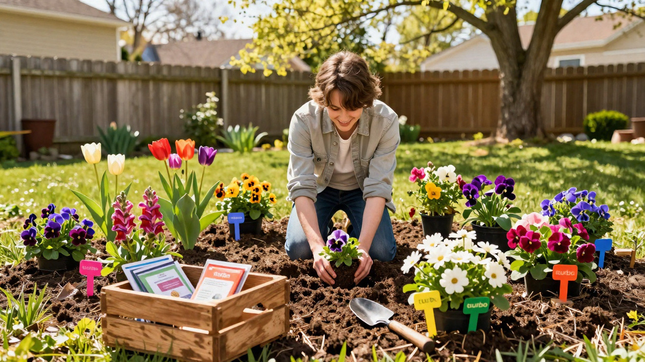 Menino a plantar flores coloridas num jardim com vasos, terra, espátula e caixote de sementes.