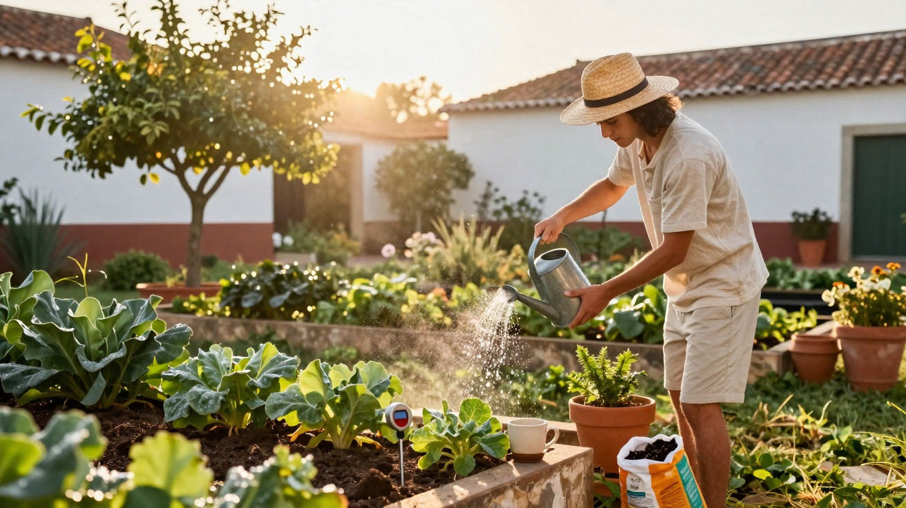Homem com chapéu a regar plantas num jardim com canteiros e luz do sol ao fundo.