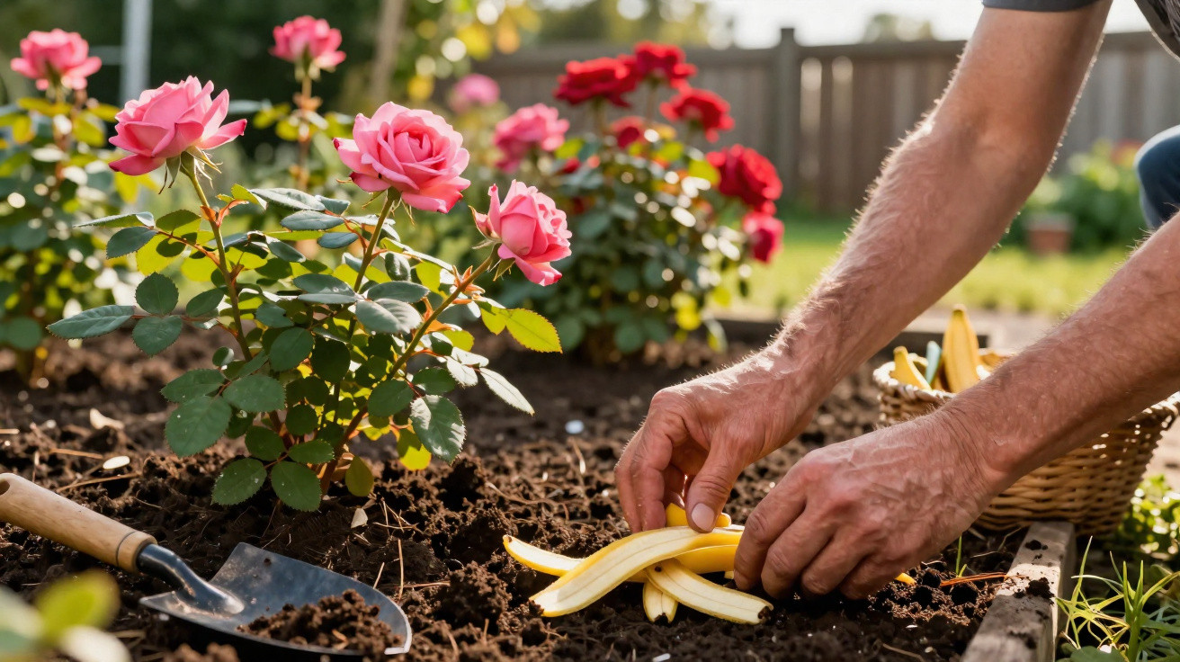 Mãos a colocar cascas de banana ao pé de roseiras num jardim para adubo natural, com colher de jardim ao lado.