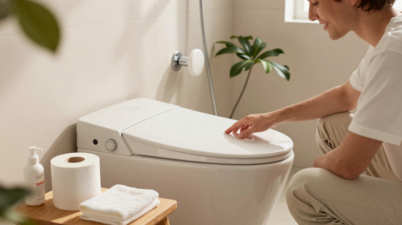Pessoa a fechar tampa de sanita moderna numa casa de banho com toalhas e papel higiénico num suporte de madeira.