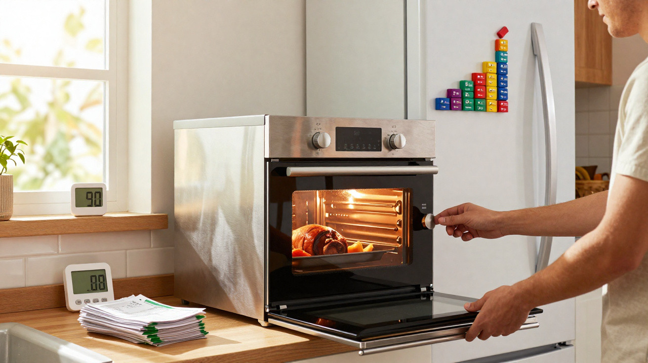 Pessoa a ajustar temperatura de forno com pernil e legumes dentro numa cozinha moderna iluminada.