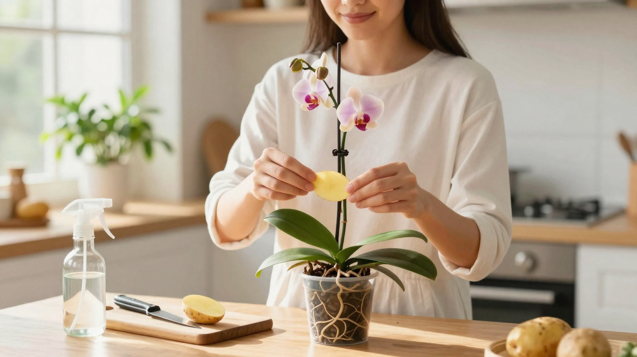 Mulher a cuidar de orquídea usando uma fatia de batata na cozinha moderna iluminada natural.