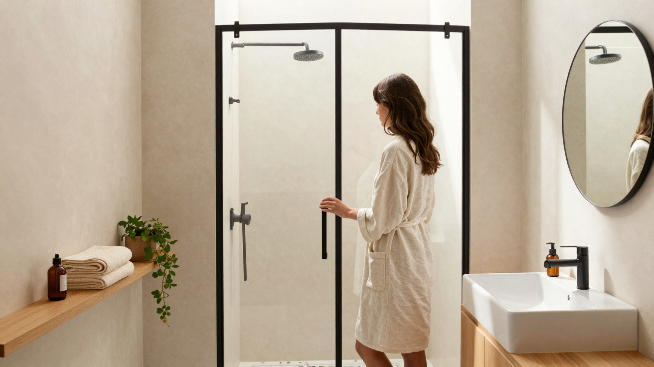 Mulher de robe branco a abrir porta de chuveiro numa casa de banho moderna com decoração minimalista.