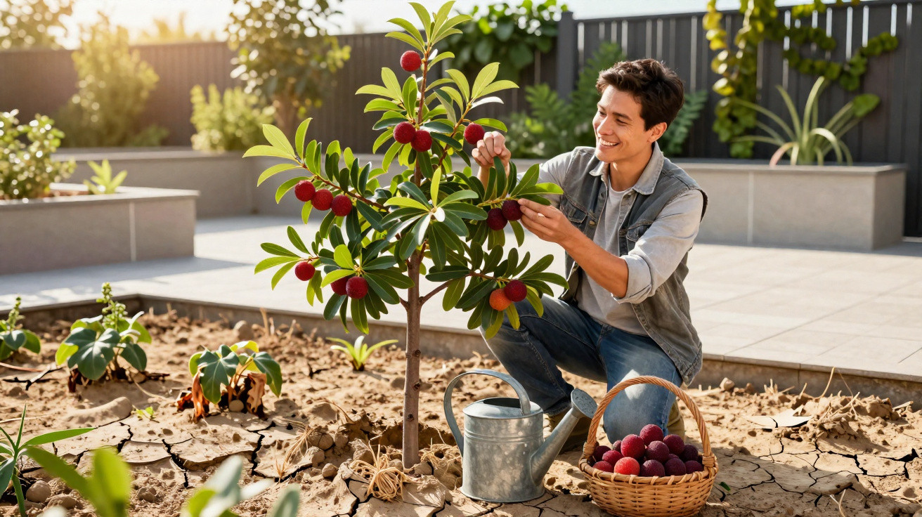 Homem sorridente colhendo frutos vermelhos de árvore pequena num jardim urbano ensolarado.