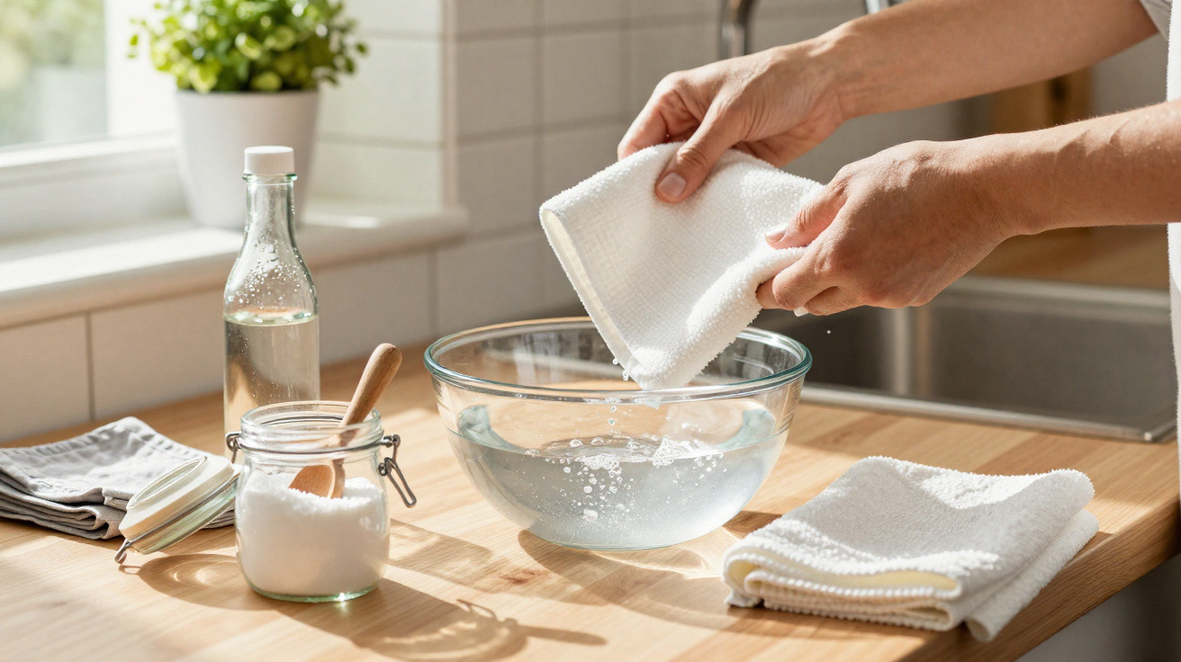 Pessoas a lavar um pano branco numa tigela de vidro com água numa cozinha iluminada.
