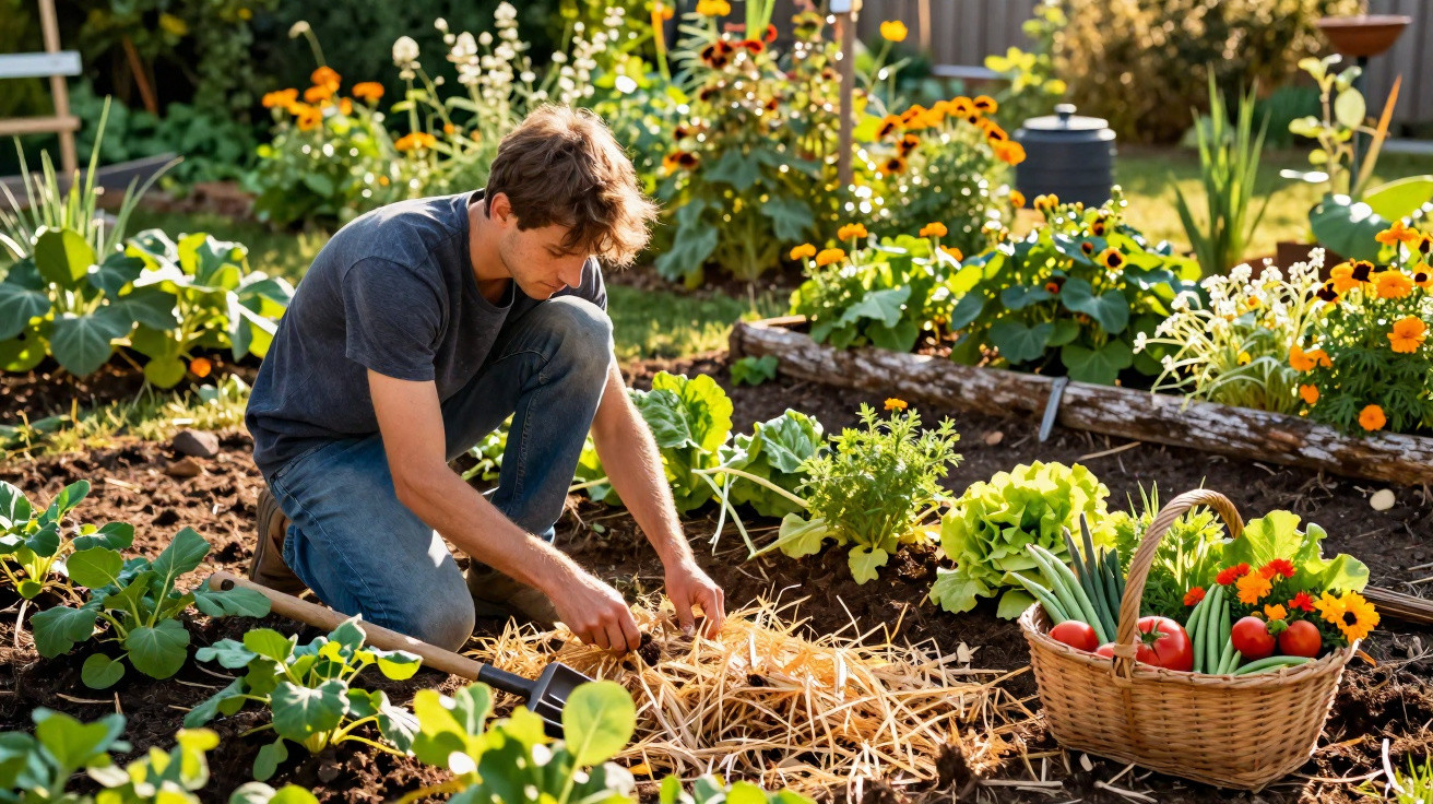 Homem jardineiro a cuidar de plantas numa horta com legumes e flores em dia ensolarado.
