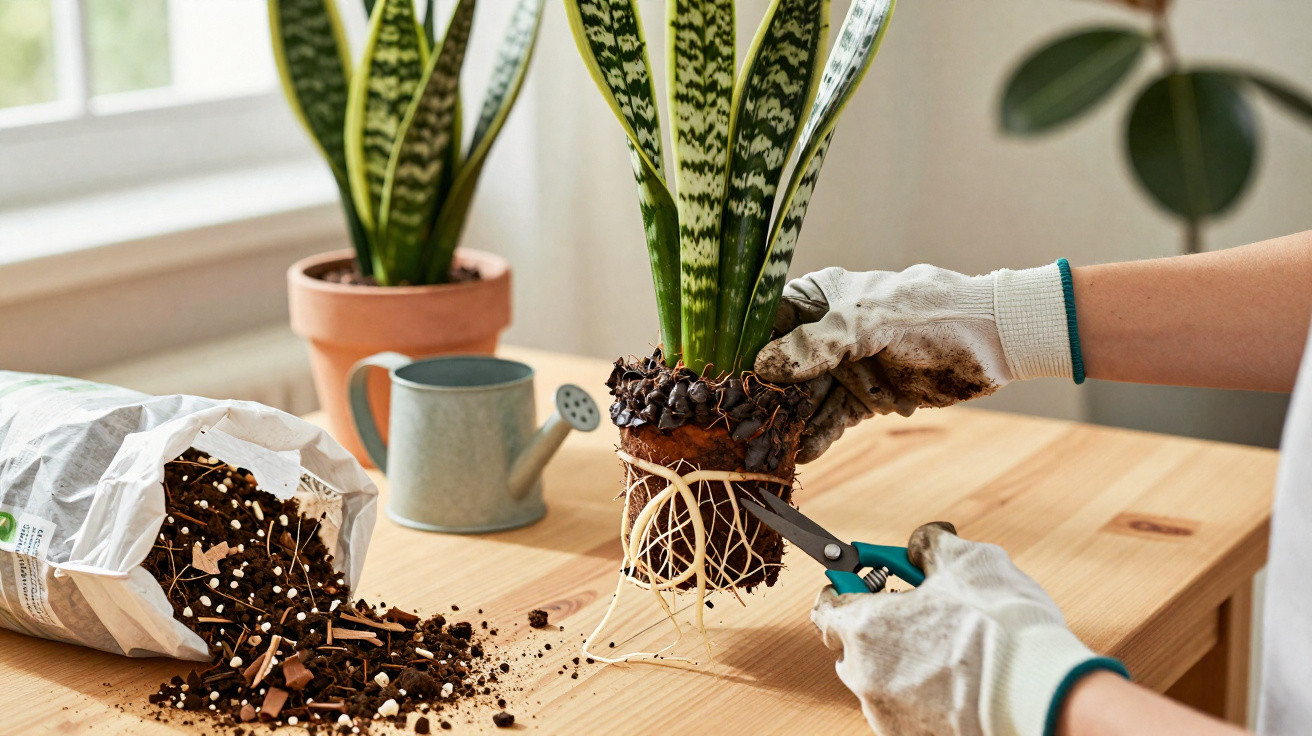 Pessoa a podar raízes de planta suculenta com tesoura, mesa com terra, regador e outra planta ao fundo.