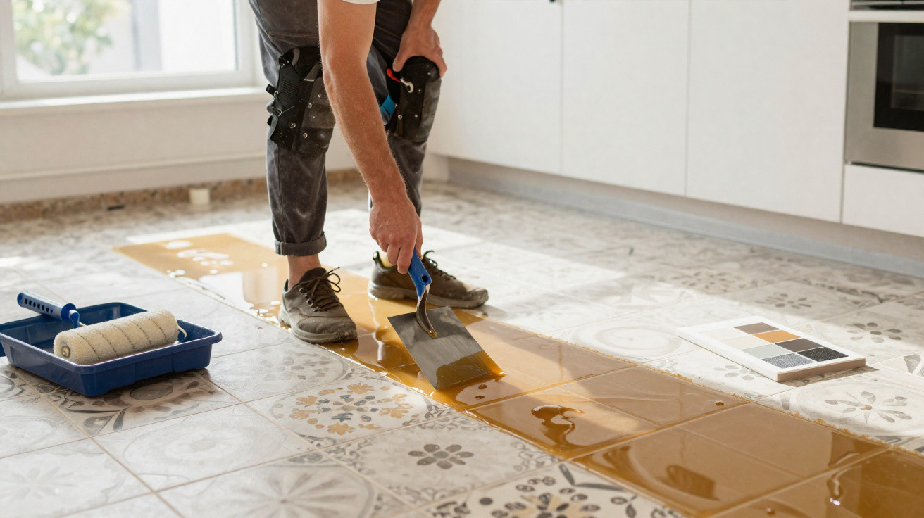 Pessoa a aplicar resina amarela sobre azulejos cinzentos com desenhos florais numa cozinha iluminada.