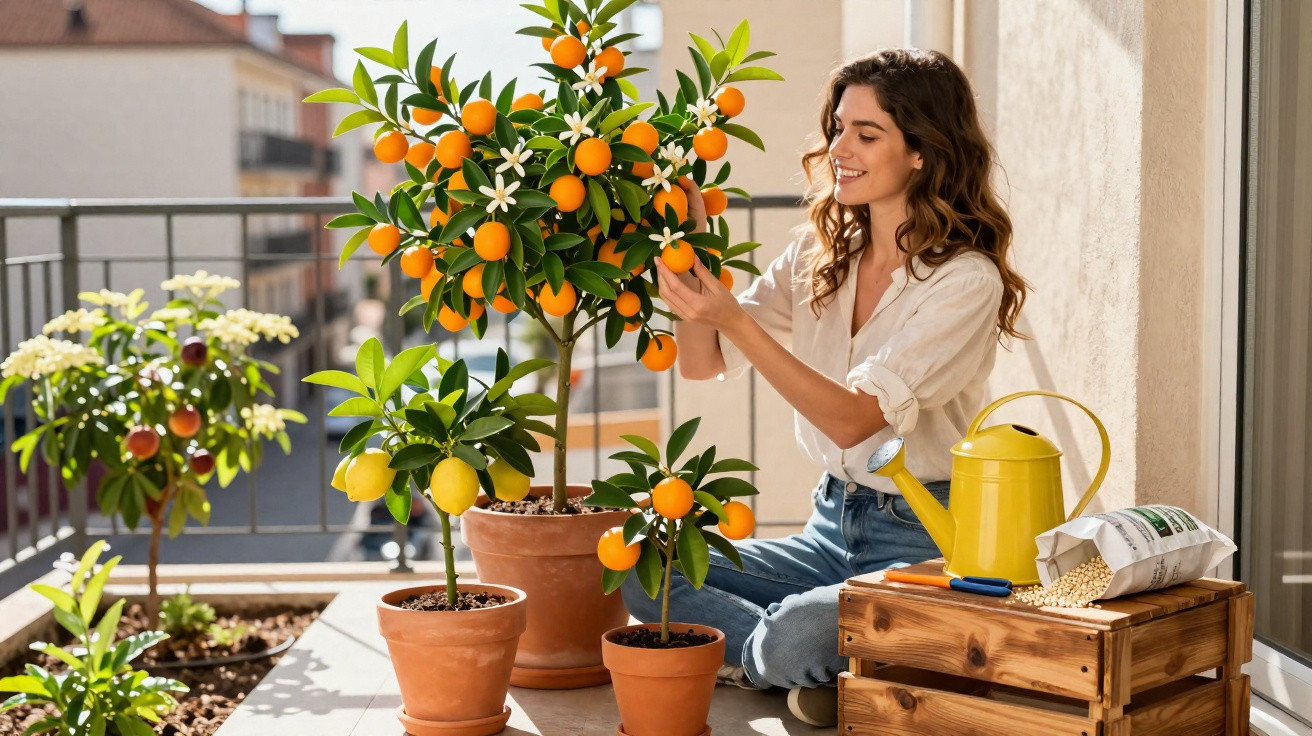 Mulher a cuidar de plantas cítricas em vasos numa varanda ensolarada, com regador amarelo ao lado.