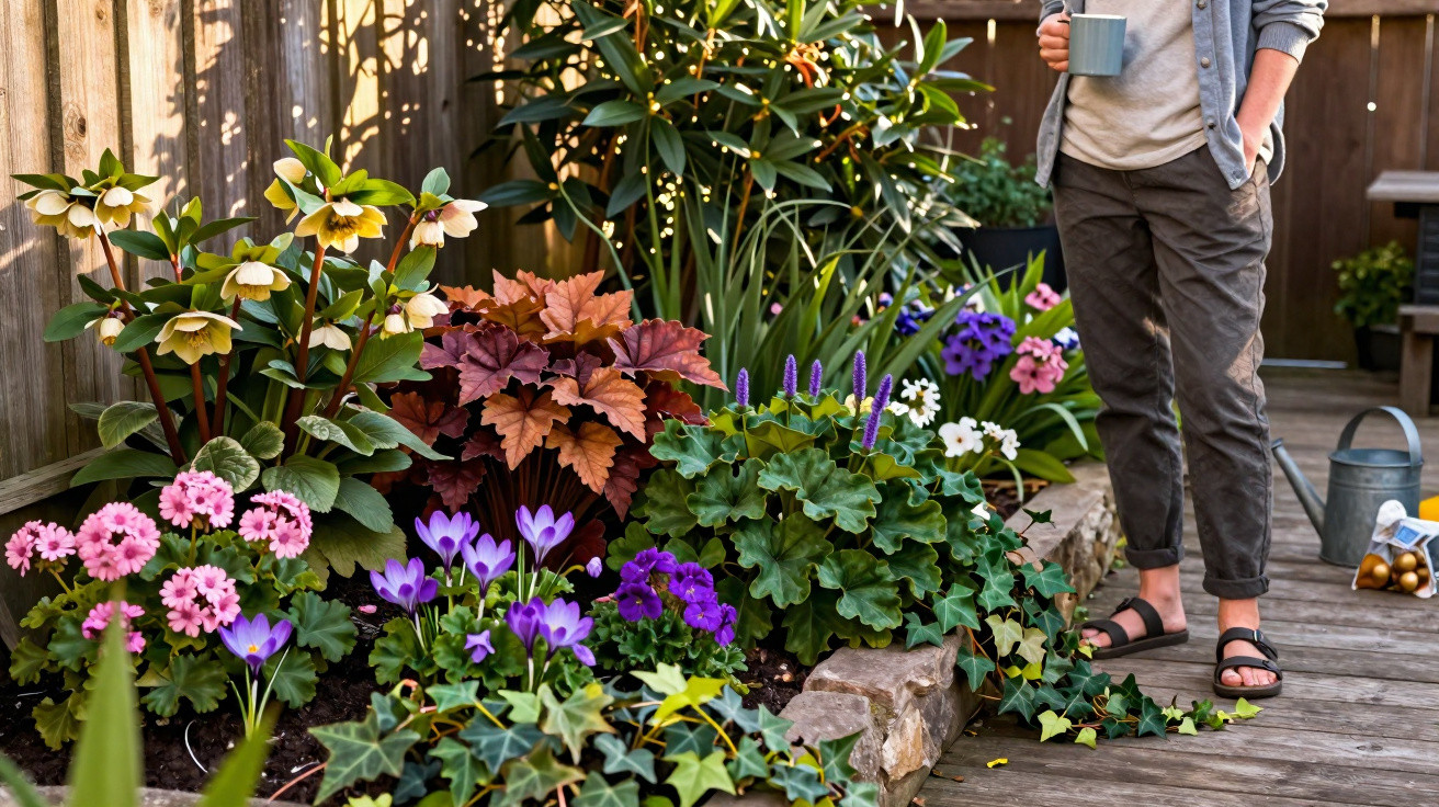 Jardim colorido com várias flores e plantas, e pessoa de pé a beber chá num terraço de madeira.