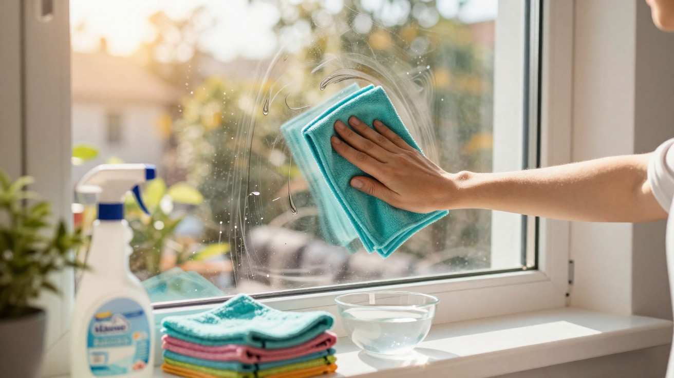 Pessoa a limpar uma janela com um pano azul, junto a produtos e panos dobrados numa superfície branca.