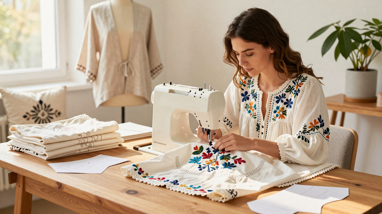 Mulher a bordar flores coloridas numa máquina de costura dentro de um atelier luminoso.