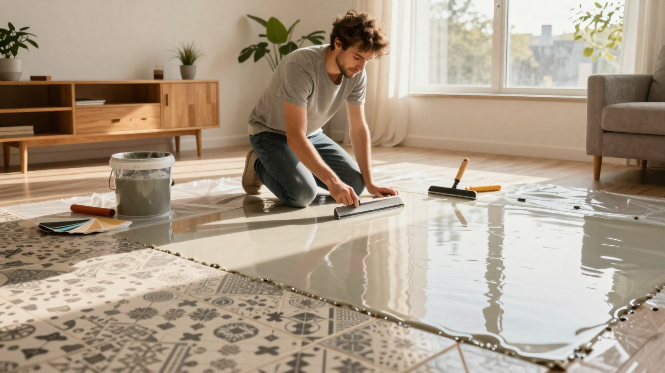 Homem aplica resina transparente sobre chão decorado com azulejos geométricos e florais numa sala iluminada.