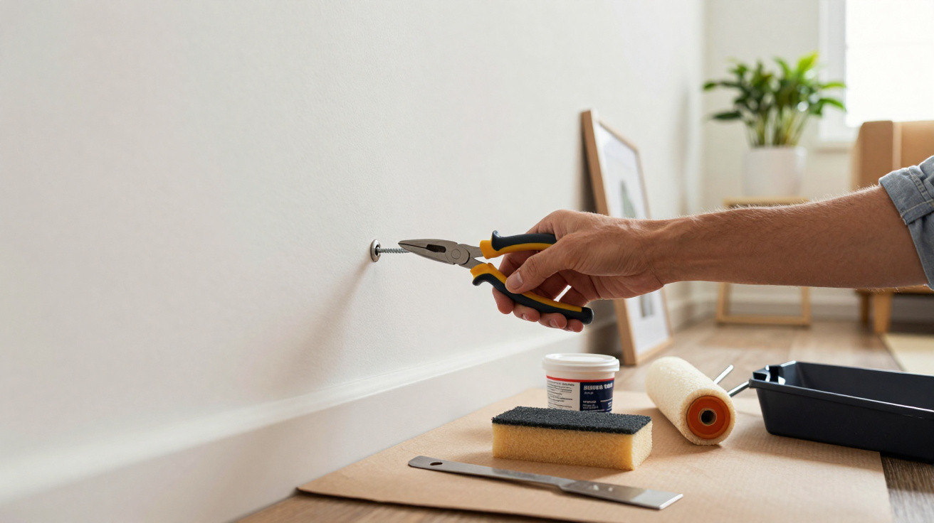 Mão a usar alicate para remover parafuso da parede, com ferramentas de pintura sobre papel no chão.