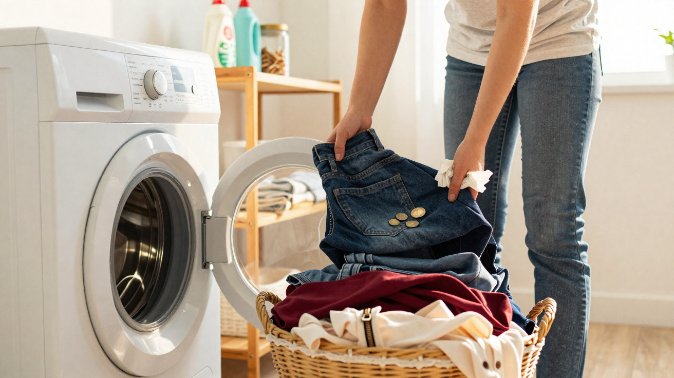 Pessoa a colocar roupa suja numa máquina de lavar roupa branca, com cesta de roupa ao lado.