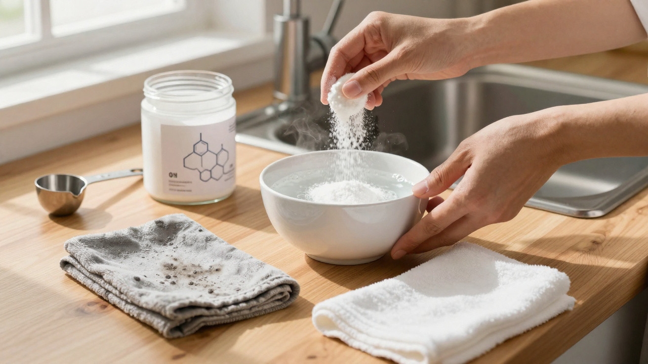 Mãos a adicionar detergente em pó numa tigela com água, panos e jarro numa bancada de cozinha.
