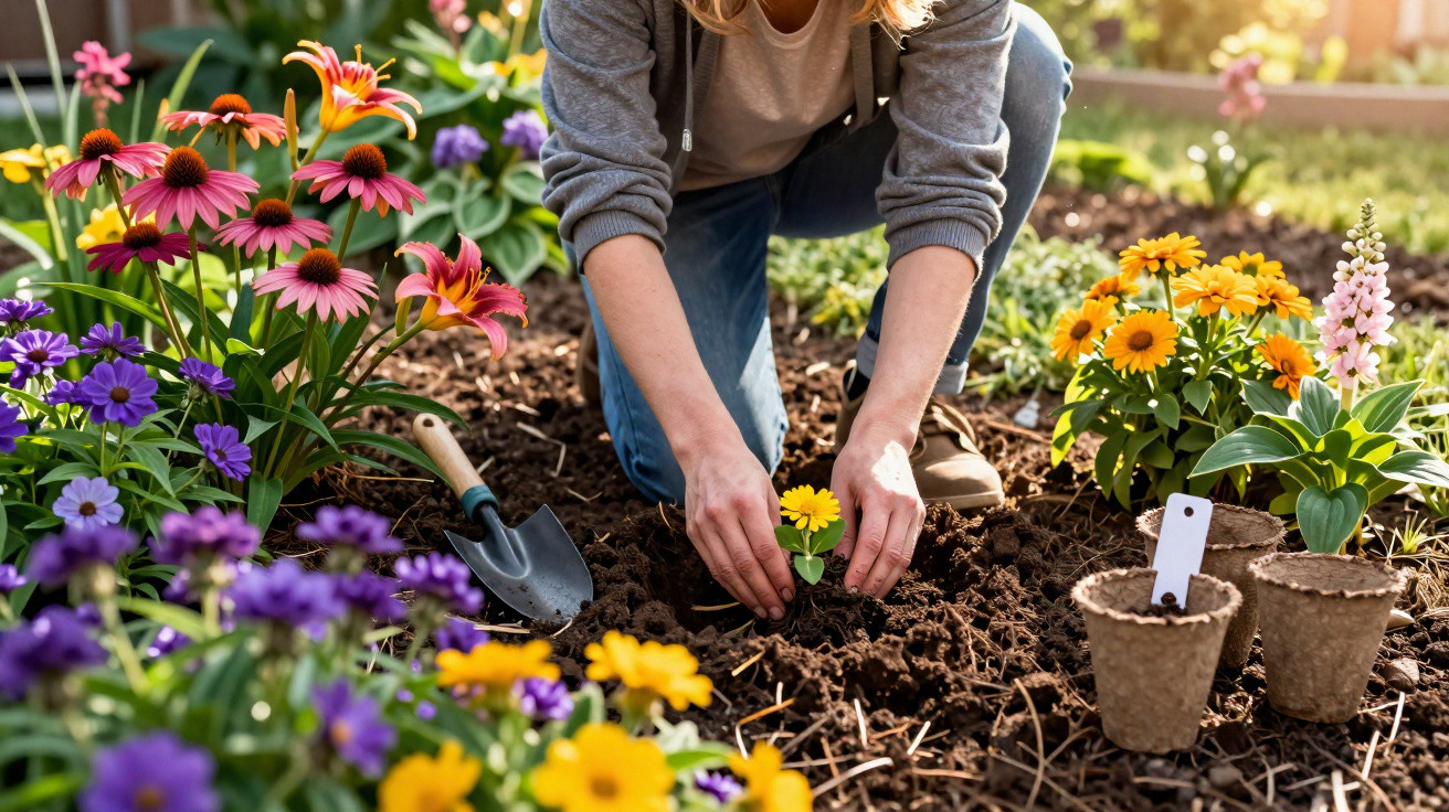 Pessoa a plantar uma flor amarela num jardim com várias flores coloridas ao redor.