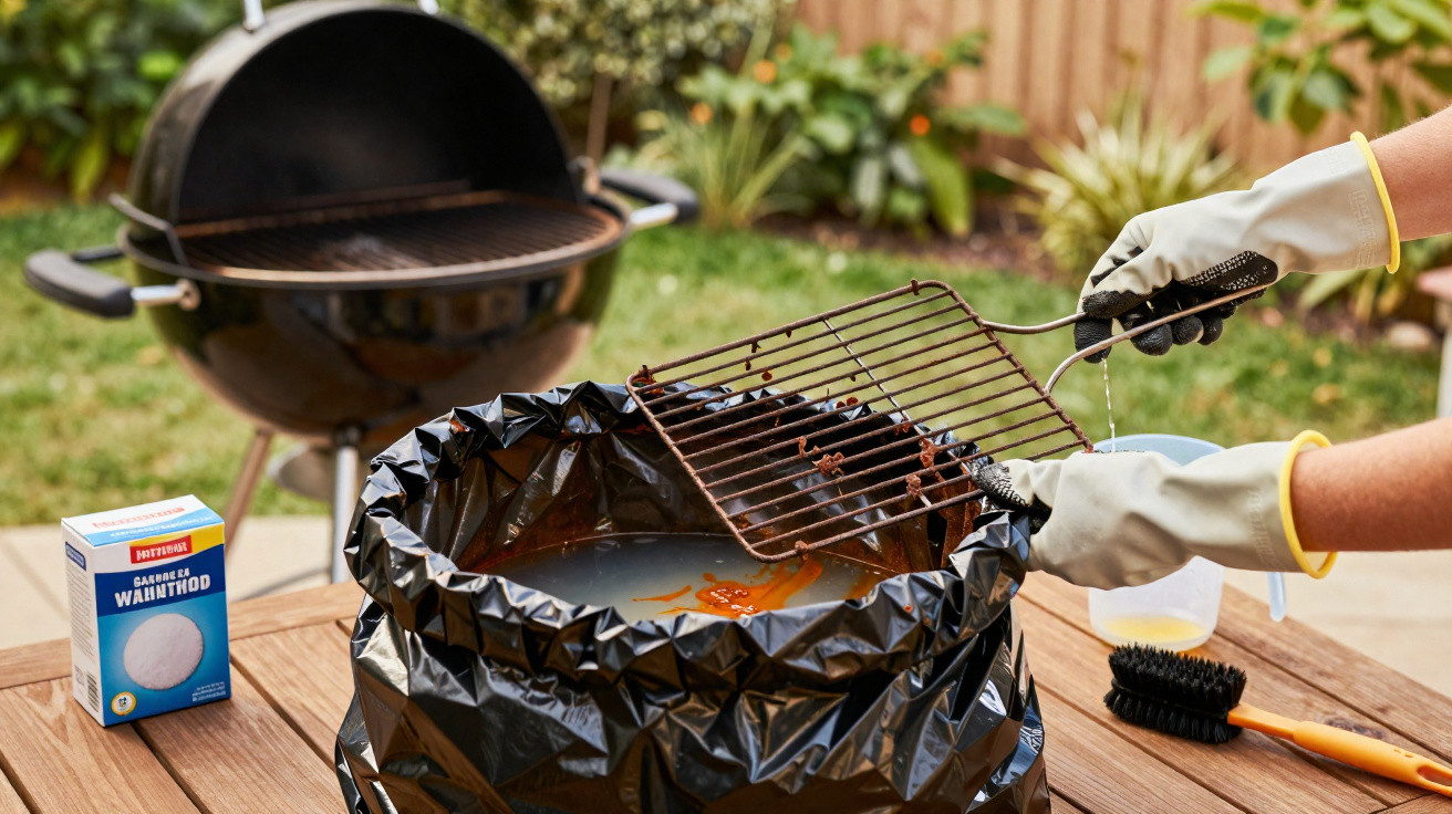 Pessoa a limpar a grelha de barbecue numa mesa ao ar livre com detergente e luvas de proteção.