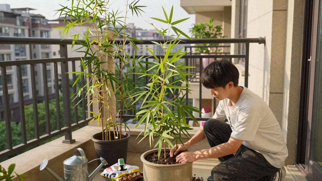 Jovem a cuidar de plantas em vasos num terraço urbano com regador e saco de terra ao lado.