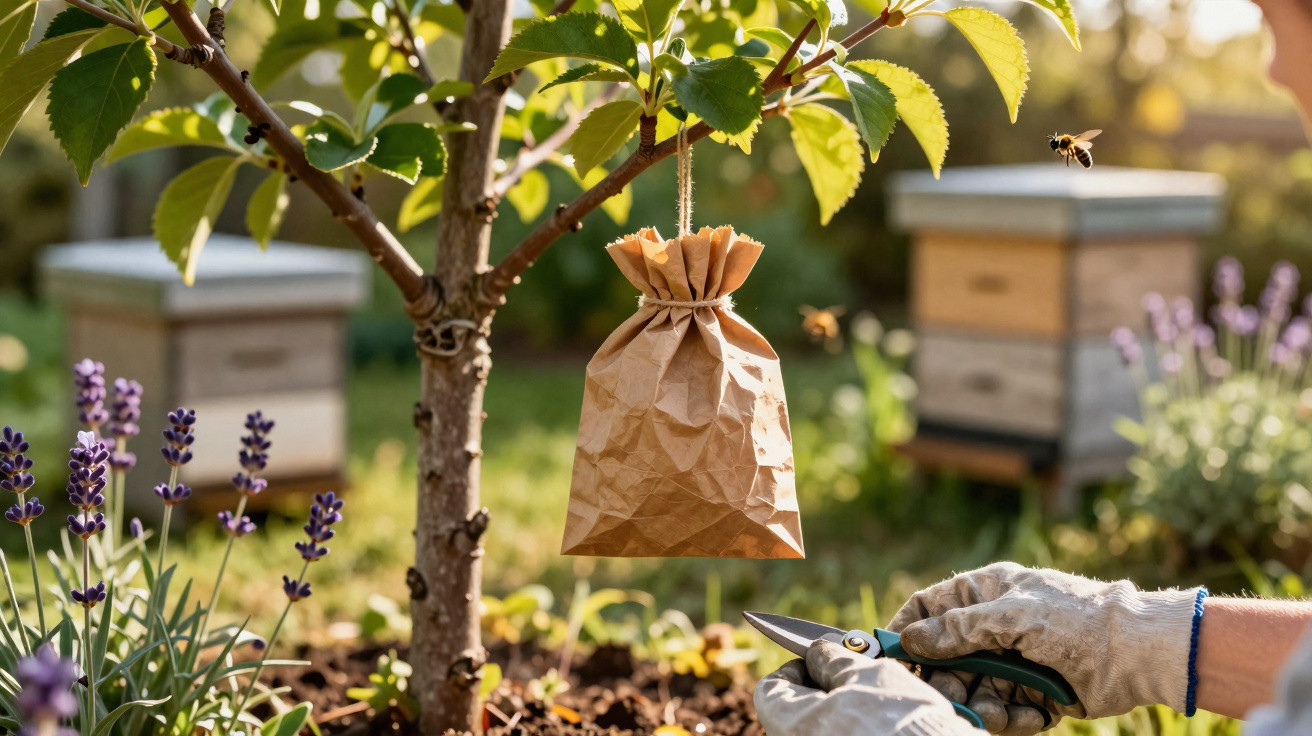 Sacos de papel pendurados numa árvore para proteger abelhas, com apicultor a podar plantas num jardim.
