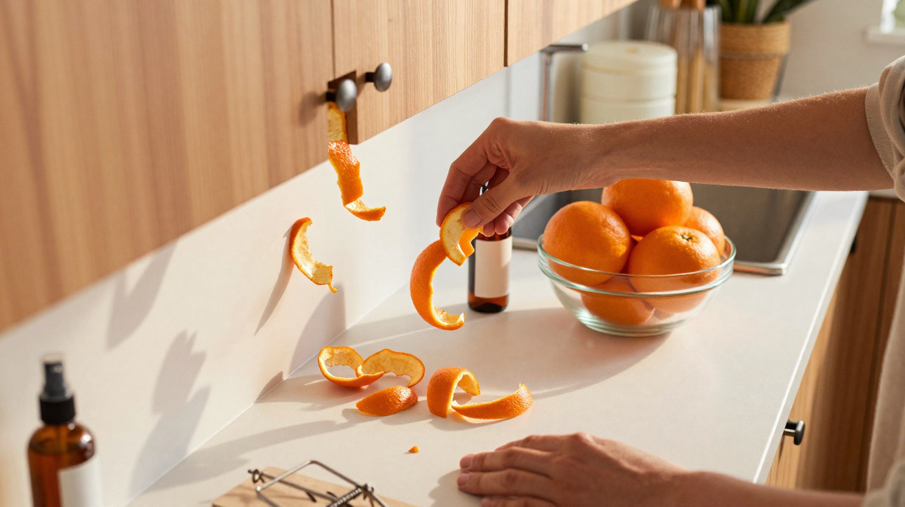 Mão a segurar casca de laranja em cozinha moderna com tacho de laranjas e cascas na bancada branca.