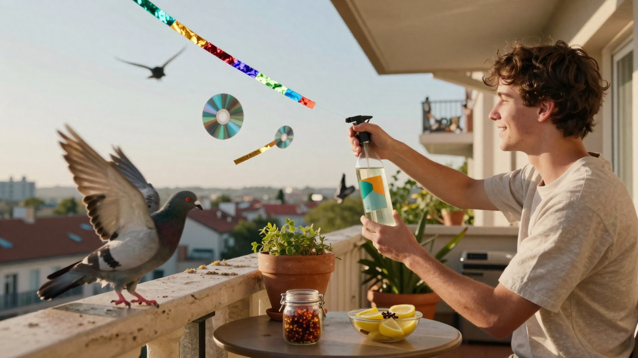 Homem num terraço a usar repelente para afastar pombos com objetos brilhantes coloridos suspensos.