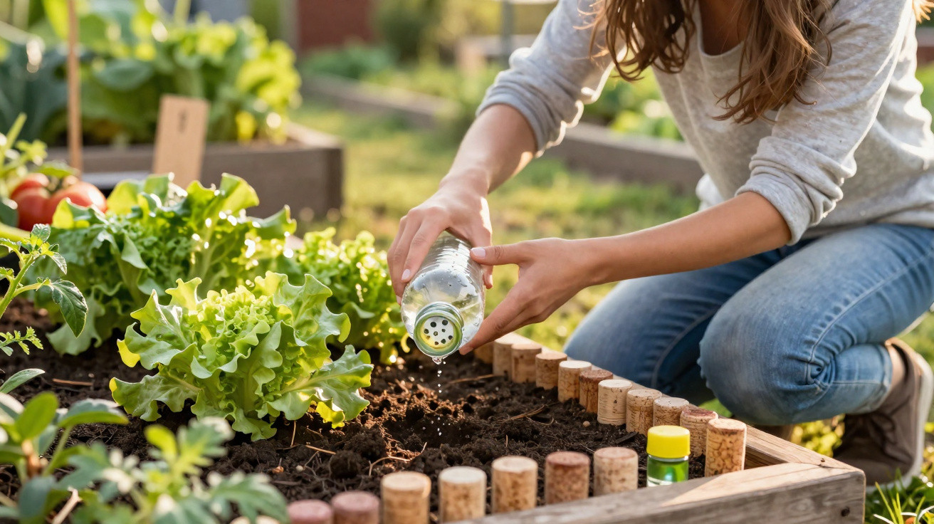 Pessoa a regar hortaliças numa cama de cultivo elevada num jardim ensolarado.