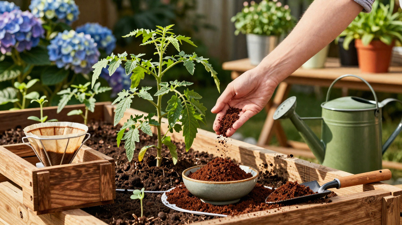 Pessoa a adicionar composto orgânico a um canteiro com planta de tomate e regador ao fundo.