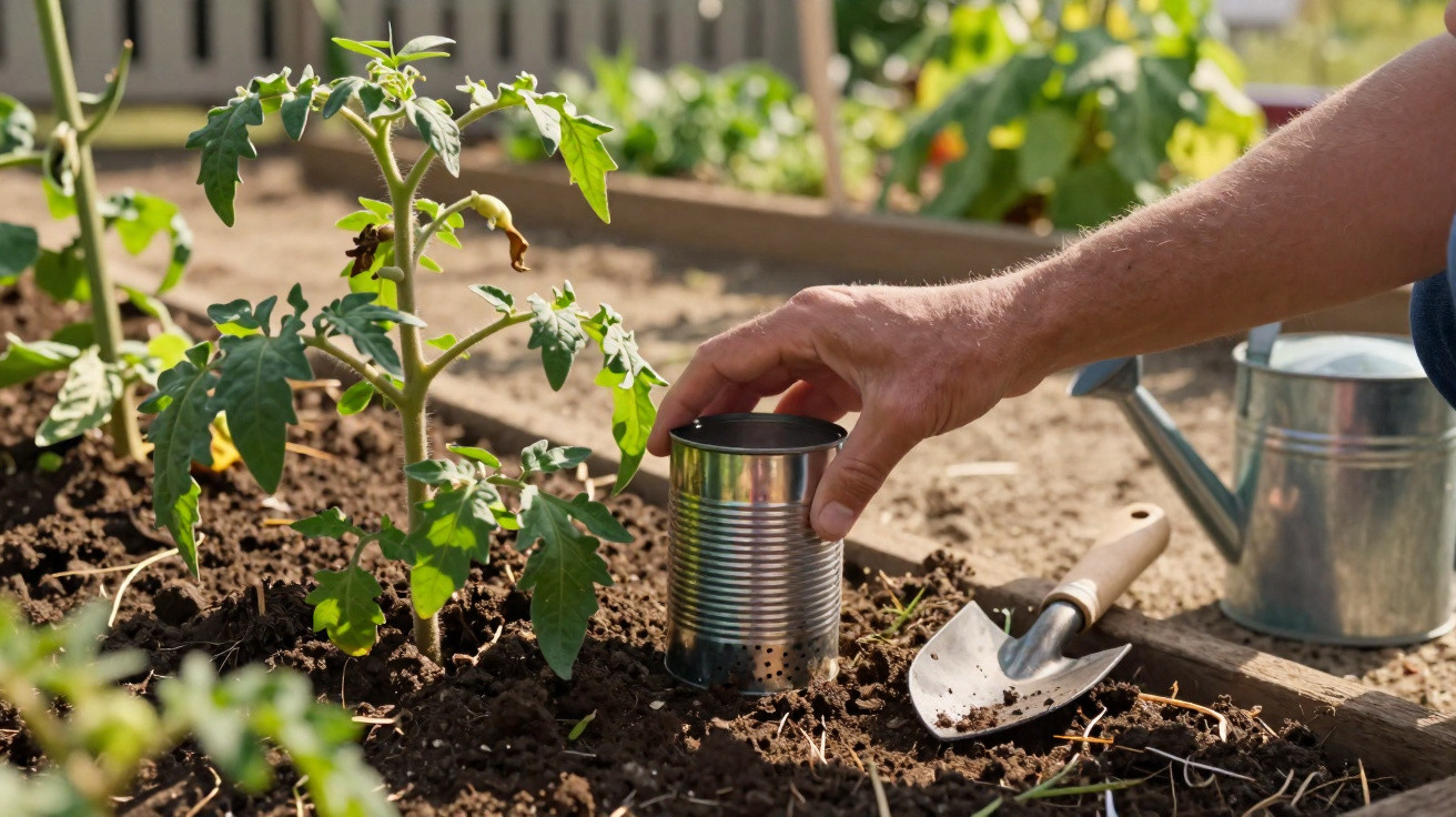 Mão a colocar lata perfurada no solo para proteger planta de tomate jovem num jardim ensolarado.