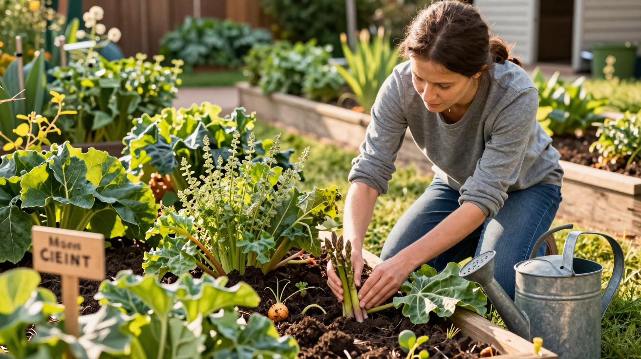 Mulher a cultivar espargos numa horta urbana com várias plantas e regador metálico ao lado.