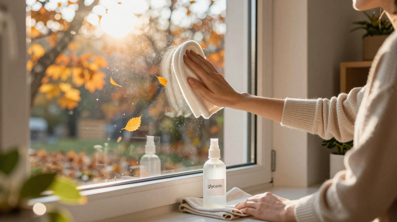 Pessoa a limpar janela com pano branco e frasco de glicerina, com folhas de outono e sol ao fundo.