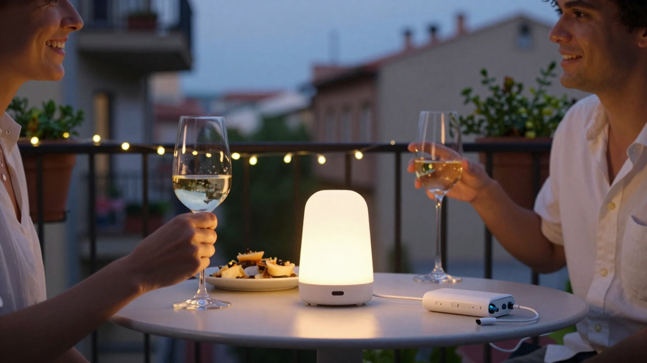 Casal a brindar com copos de vinho numa mesa exterior com luz ambiente e petiscos ao entardecer.
