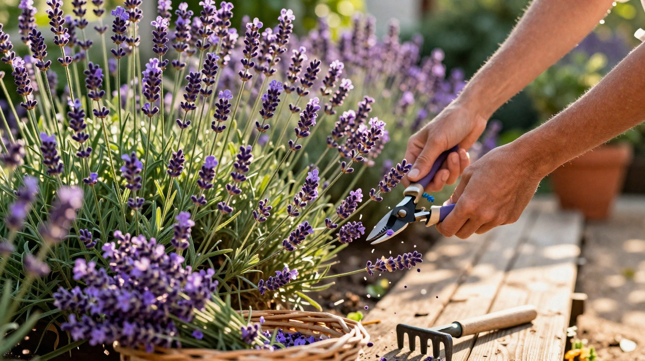 Pessoa a cortar ramos de lavanda roxa com tesoura de poda numa mesa de madeira, ao ar livre.
