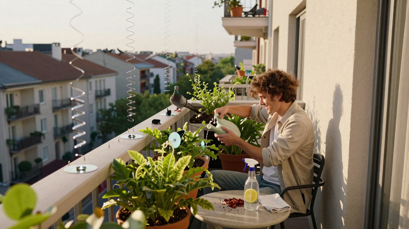 Jovem a cuidar de plantas num apartamento com varanda, num dia ensolarado, ao final da tarde.