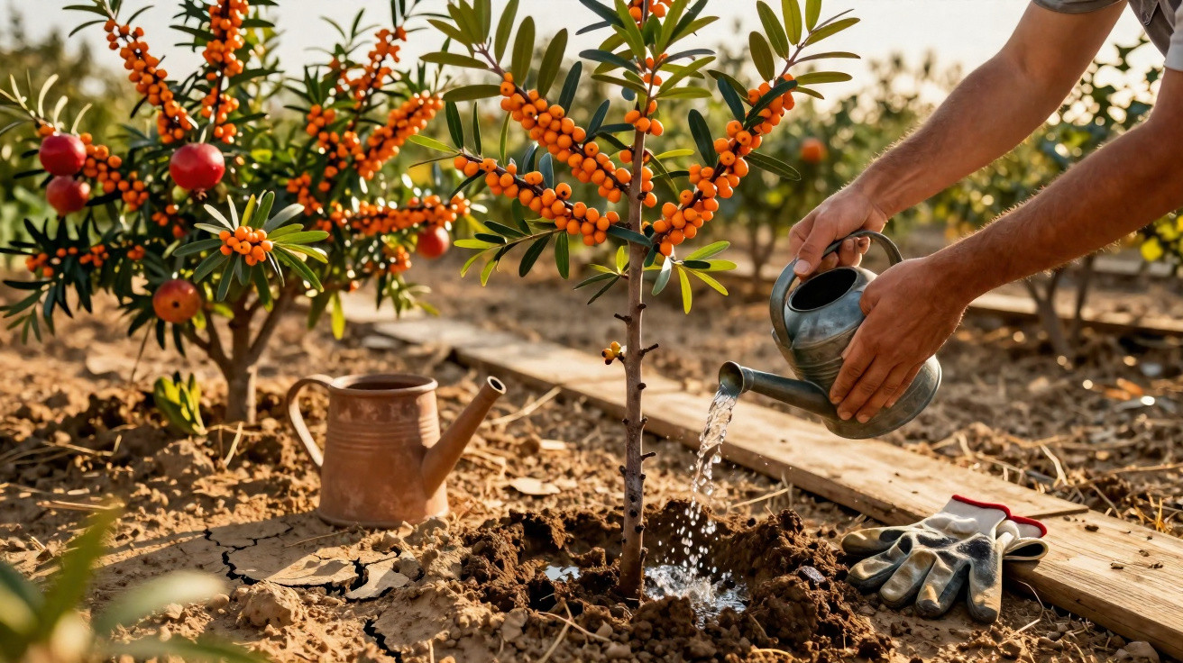 Pessoa a regar uma pequena árvore com bagas laranja num terreno seco, com luvas e regador ao lado.